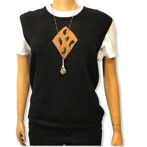 Vintage Terazzo Sweater Vest black Crew neck brown Tan animal print motif Size M